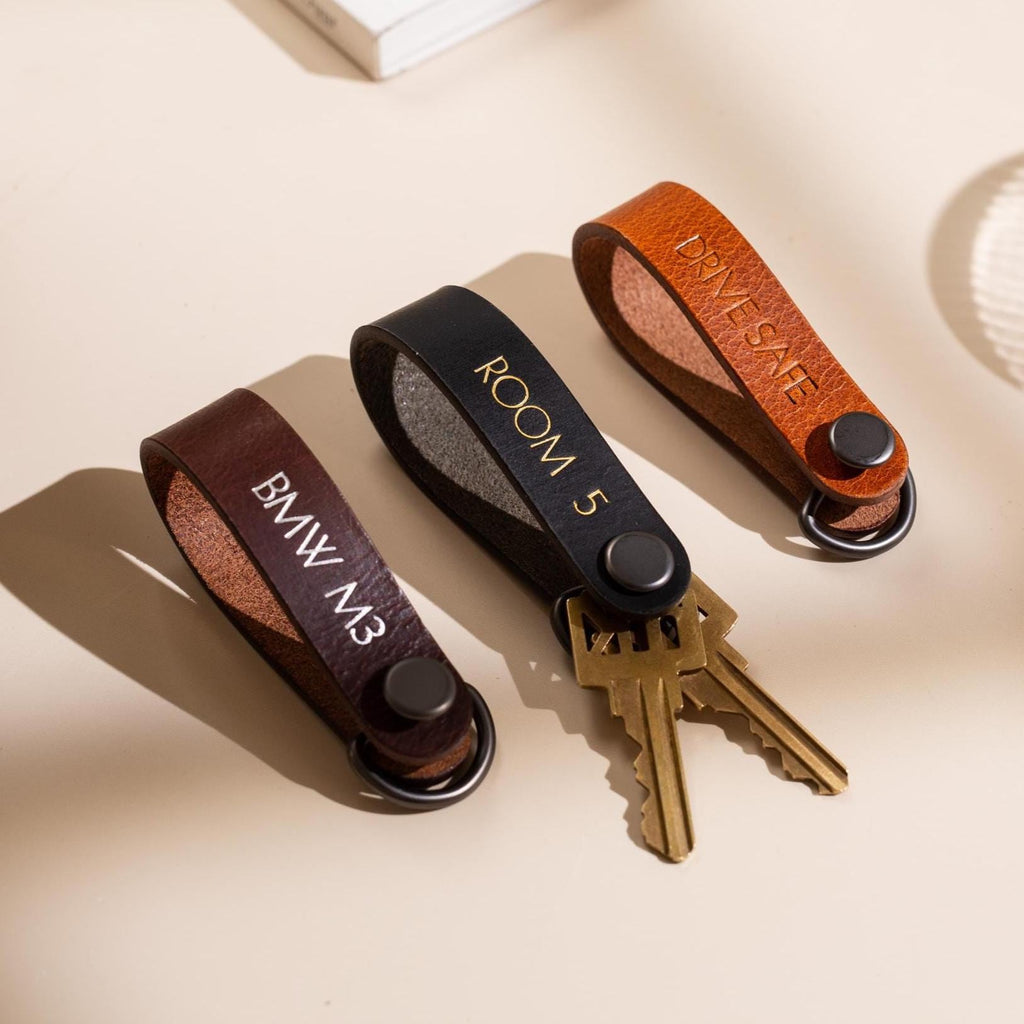Embossed Leather Strap Keychain (XS Name) - Custom Key Ring Holder, Personalized Leather Gift, Slim Keyholder, Handheld, Gift for Busy Dad