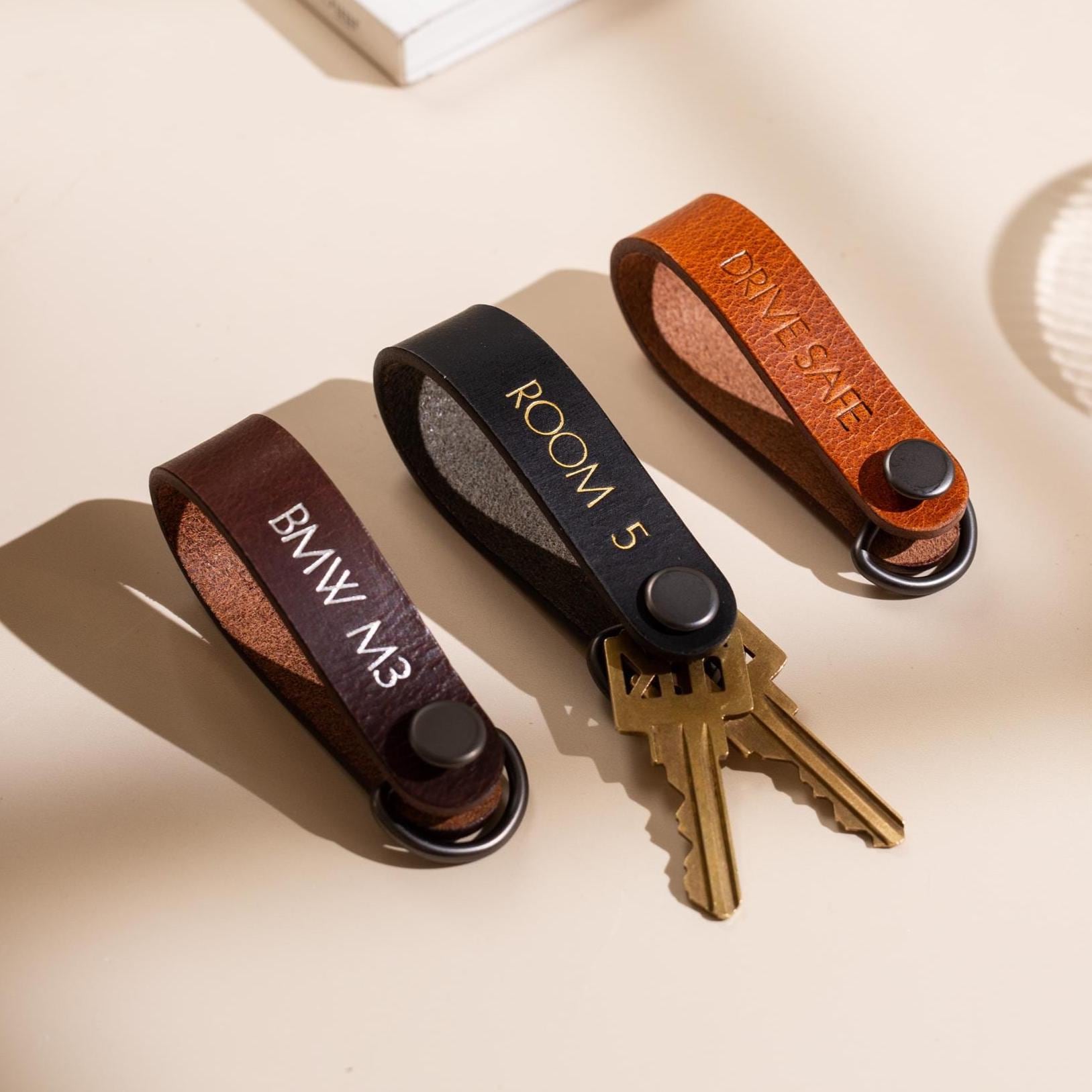 Embossed Leather Strap Keychain (XS Name) - Custom Key Ring Holder, Personalized Leather Gift, Slim Keyholder, Handheld, Gift for Busy Dad