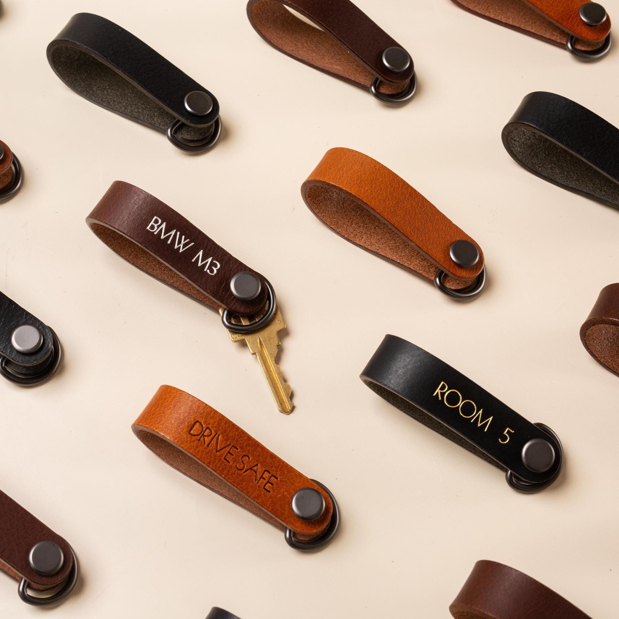 Embossed Leather Strap Keychain (XS Name) - Custom Key Ring Holder, Personalized Leather Gift, Slim Keyholder, Handheld, Gift for Busy Dad