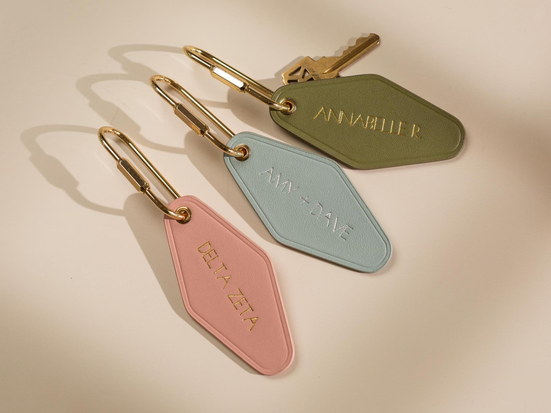 Embossed Diamond Leather Keychain XS Names - modern key chain fob, travel luggage bag tag, vintage style hotel motel office keys ring
