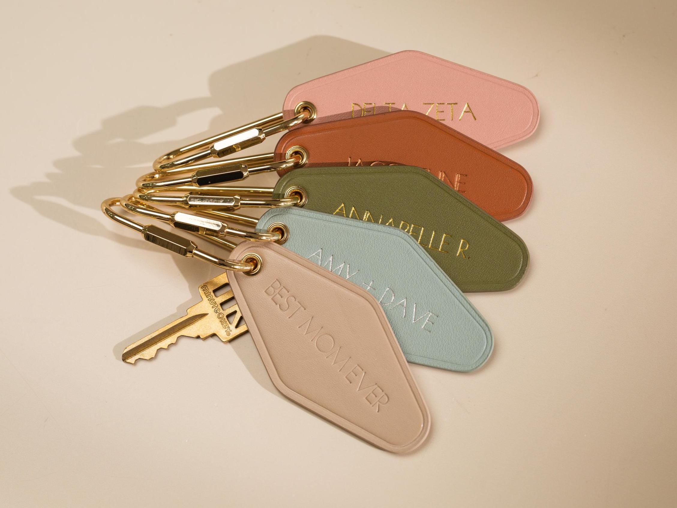 Embossed Diamond Leather Keychain XS Names - modern key chain fob, travel luggage bag tag, vintage style hotel motel office keys ring