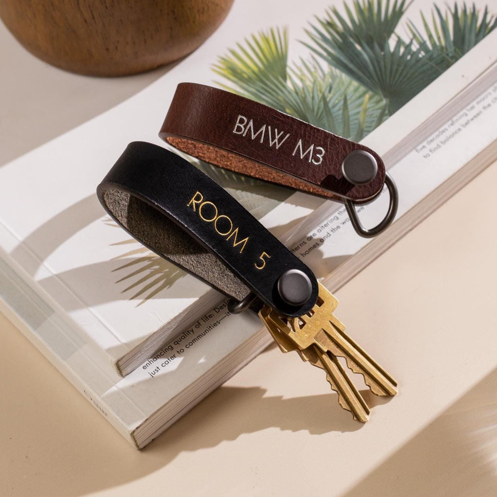 Embossed Leather Strap Keychain (XS Name) - Custom Key Ring Holder, Personalized Leather Gift, Slim Keyholder, Handheld, Gift for Busy Dad