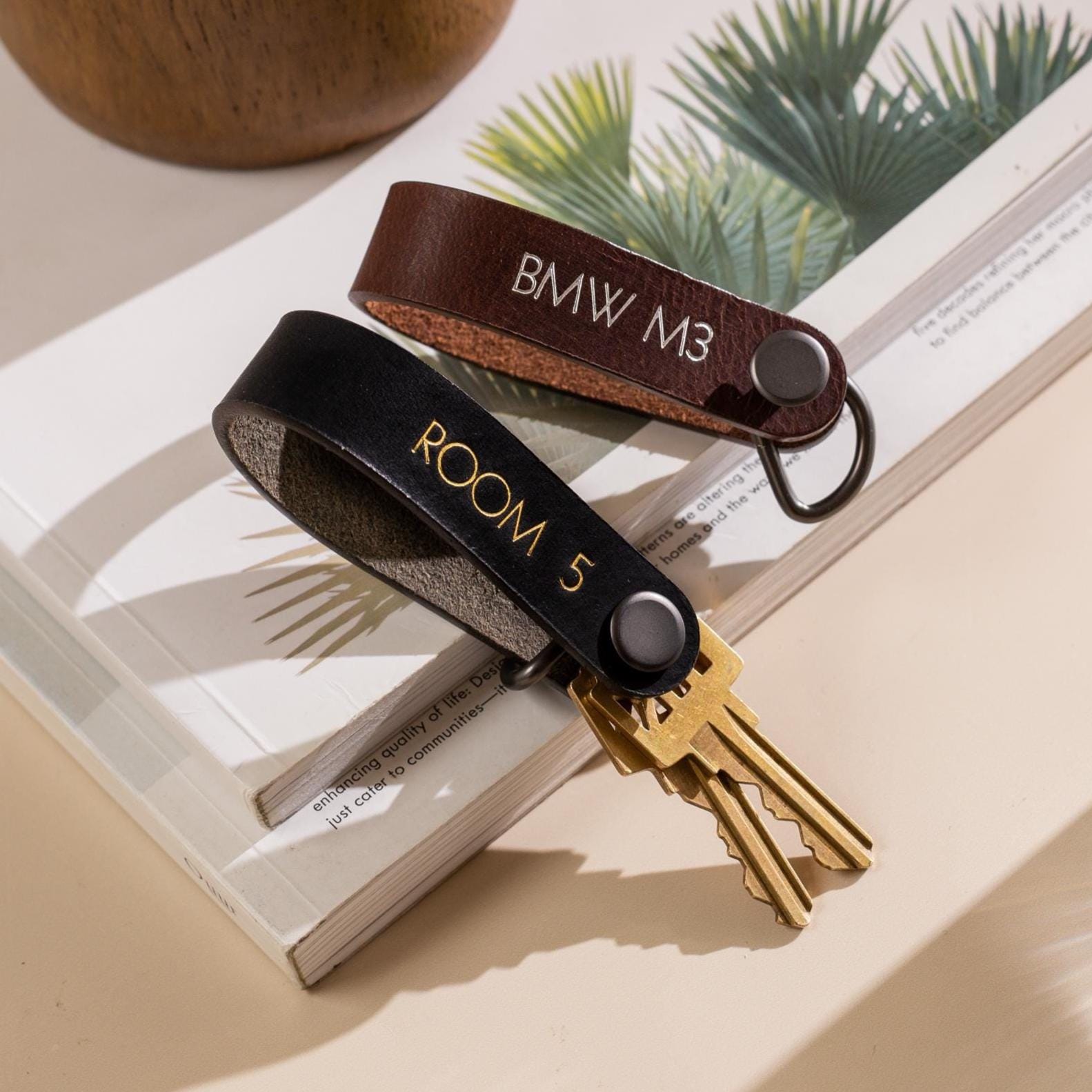 Embossed Leather Strap Keychain (XS Name) - Custom Key Ring Holder, Personalized Leather Gift, Slim Keyholder, Handheld, Gift for Busy Dad