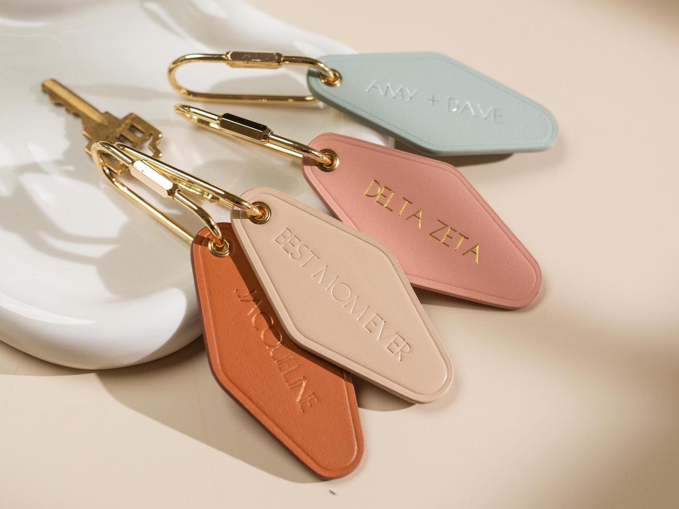 Embossed Diamond Leather Keychain XS Names - modern key chain fob, travel luggage bag tag, vintage style hotel motel office keys ring