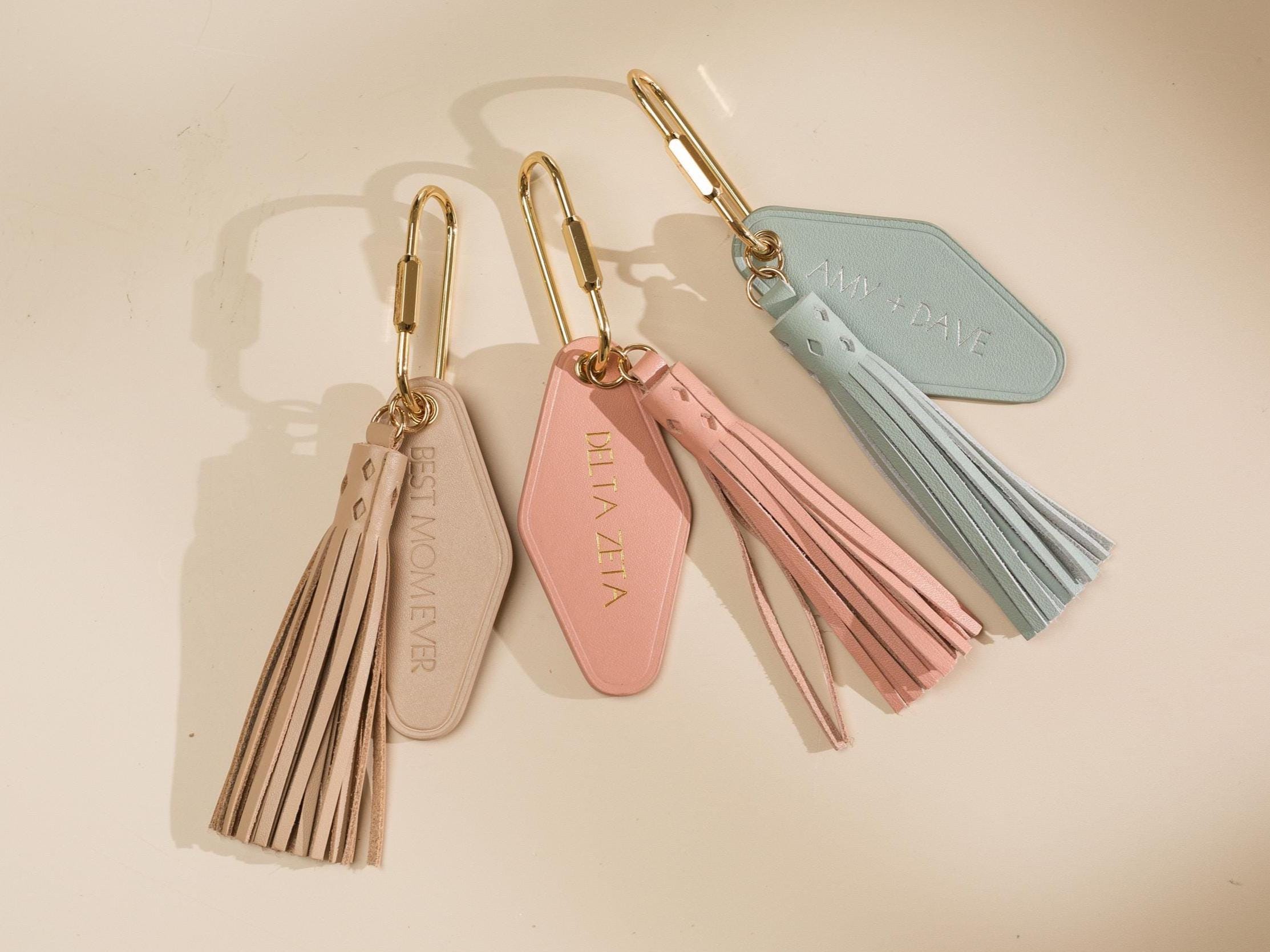 Embossed XS Name Diamond Leather Keychain w/ Tassel - modern key chain fob, longer names text, vintage style hotel motel office keys ring
