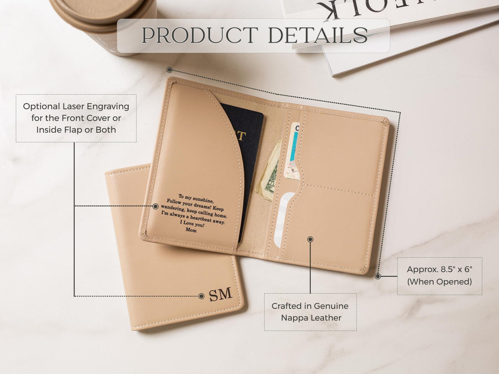 Nappa Passport Holder - Engraved Custom Name Monogram Inside Message Quote Genuine Leather Anniversary Gift Business Traveler Best Friend