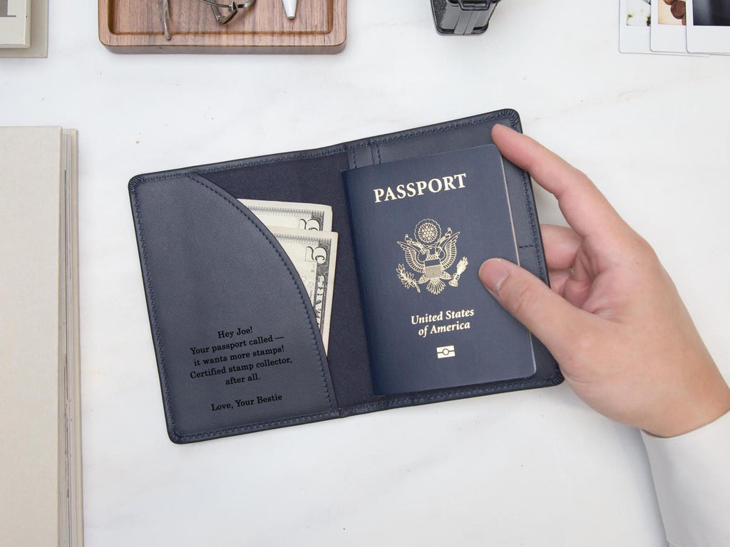 Nappa Passport Holder - Engraved Custom Name Monogram Inside Message Quote Genuine Leather Anniversary Gift Business Traveler Best Friend