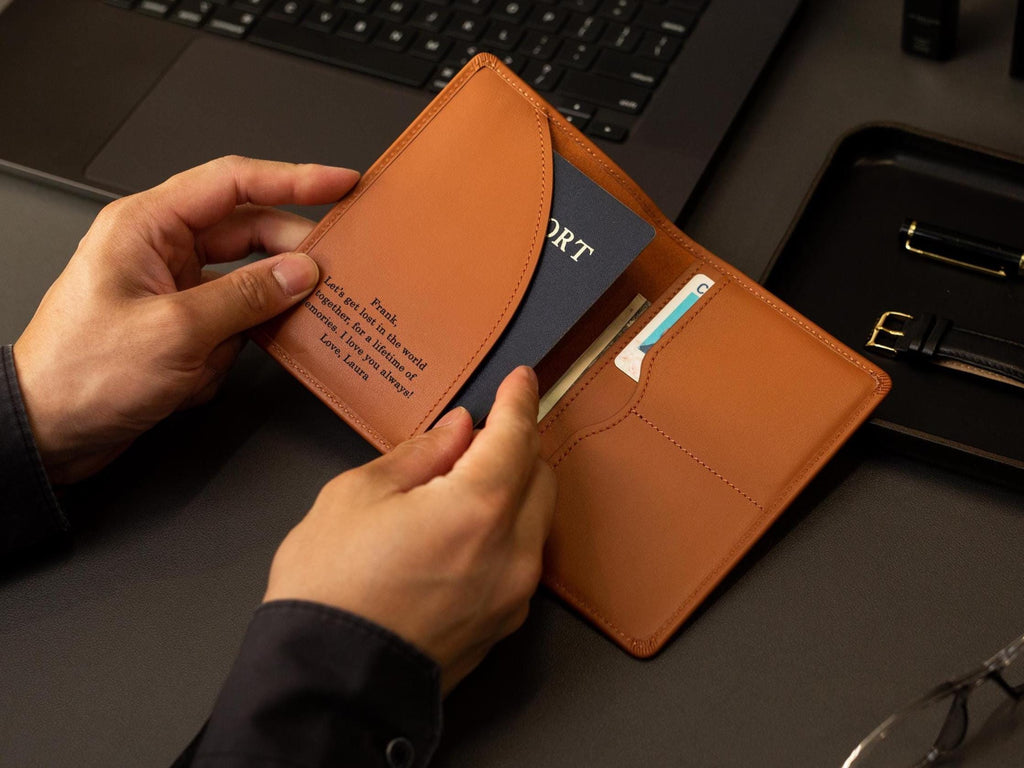 Nappa Passport Holder - Engraved Custom Name Monogram Inside Message Quote Genuine Leather Anniversary Gift Business Traveler Best Friend