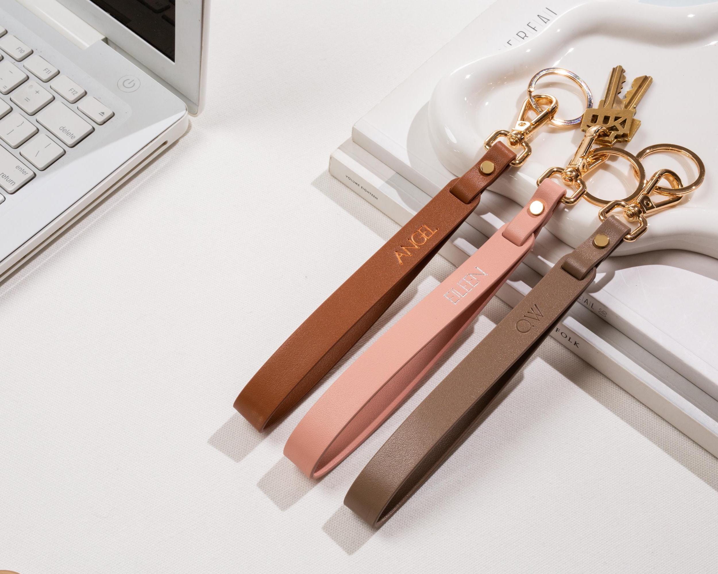Embossed Nappa Leather Wristlet Keychain - Personalized Key Strap with Name or Initial, Modern Minimal Custom Accessory for for Purse Bag