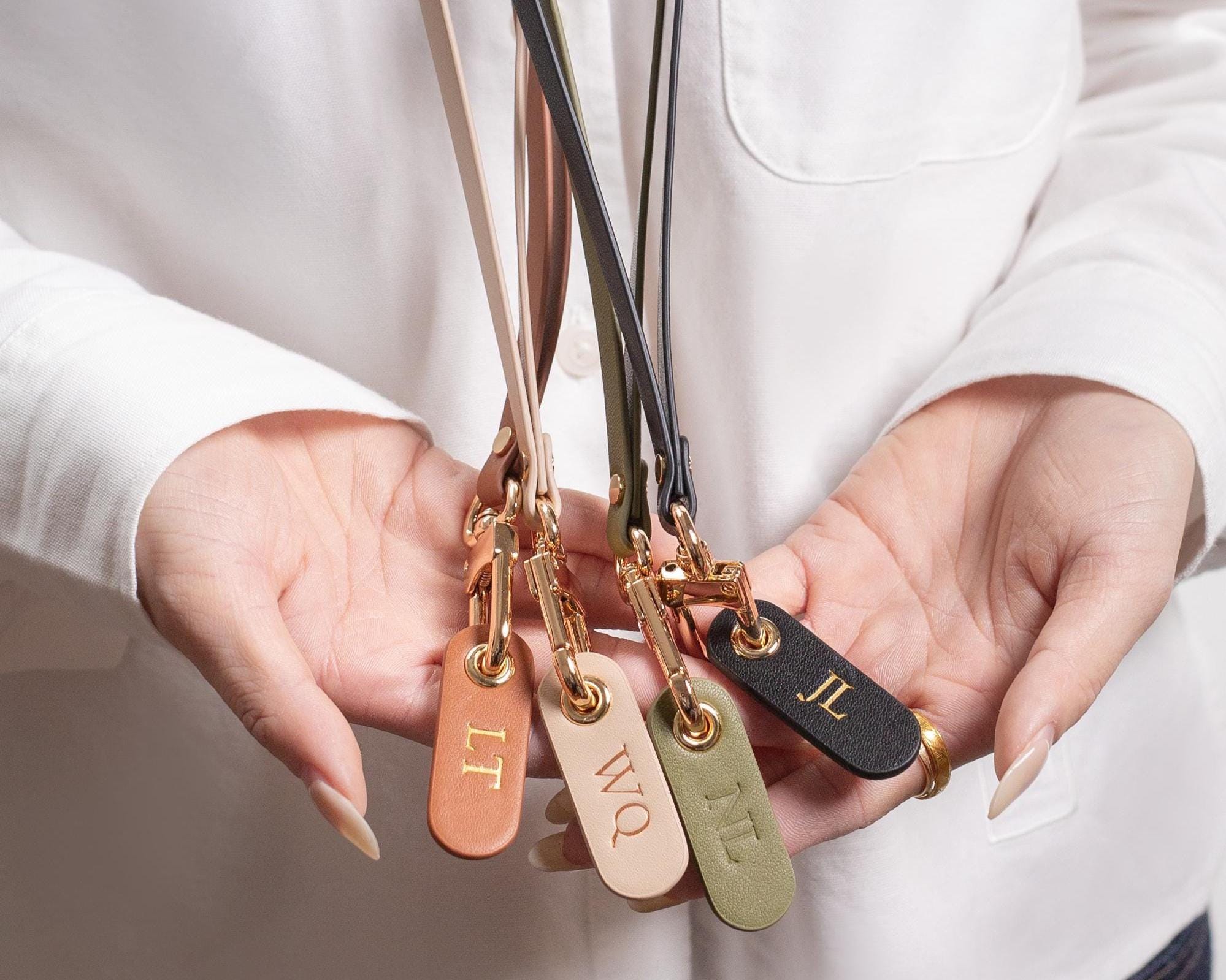 Nappa Leather Lanyard with Embossed Tag Keychain – Personalized Neck Key Holder ID Badge, Minimalist Office Accessory, Custom Initial Gift