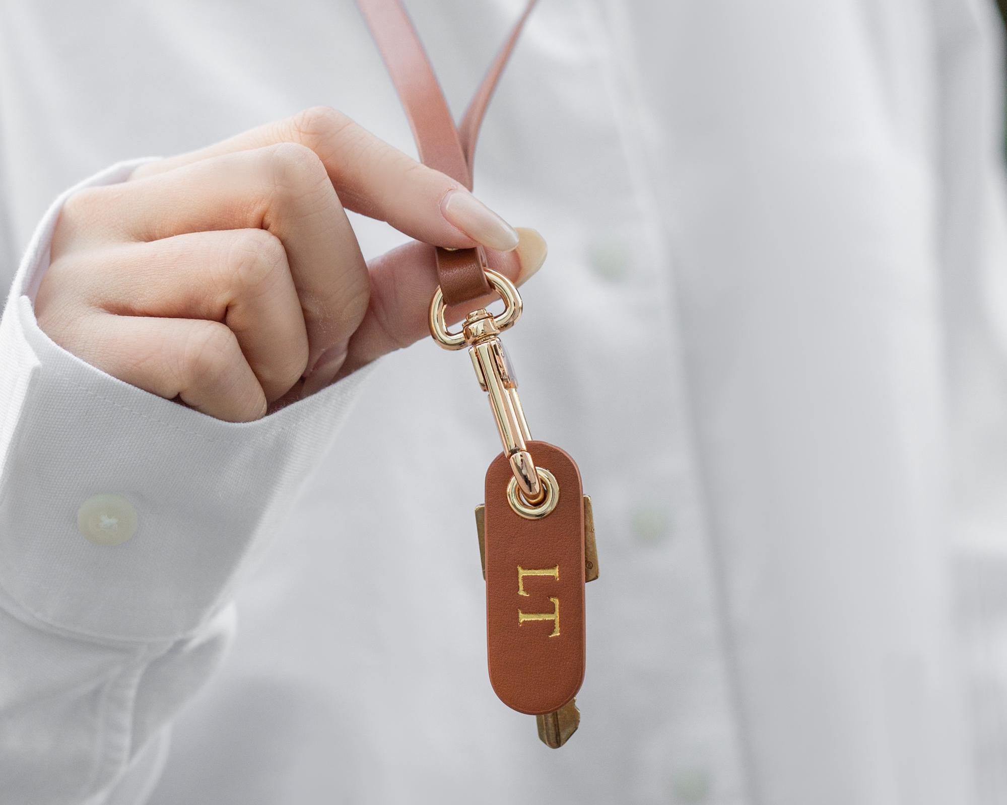 Nappa Leather Lanyard with Embossed Tag Keychain – Personalized Neck Key Holder ID Badge, Minimalist Office Accessory, Custom Initial Gift