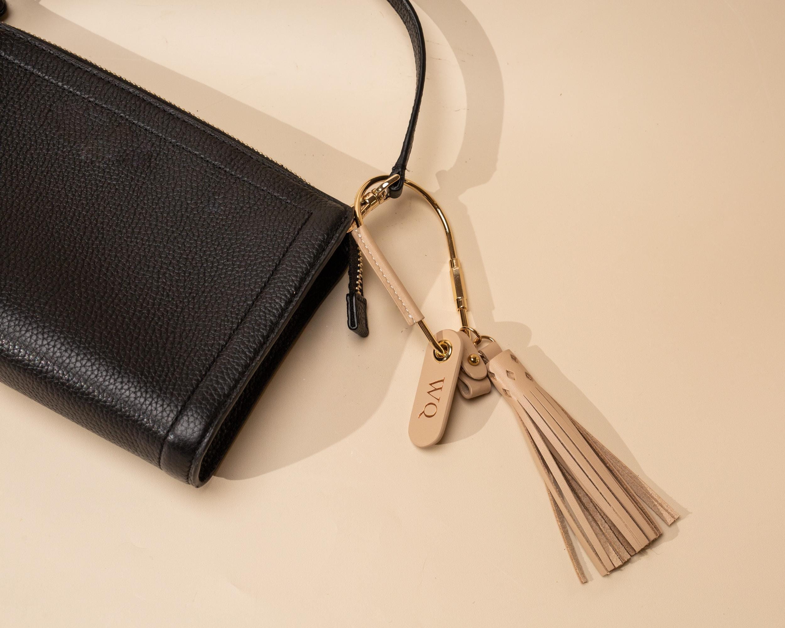Embossed Mini Tag w/ Carabiner Keychain & Tassel - Personalized Nappa Leather Key Accessory Minimalist Bag Charm Thoughtful Gift for Her
