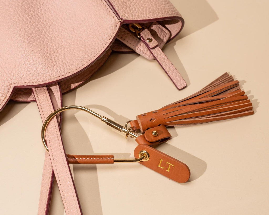 Embossed Mini Tag w/ Carabiner Keychain & Tassel - Personalized Nappa Leather Key Accessory Minimalist Bag Charm Thoughtful Gift for Her
