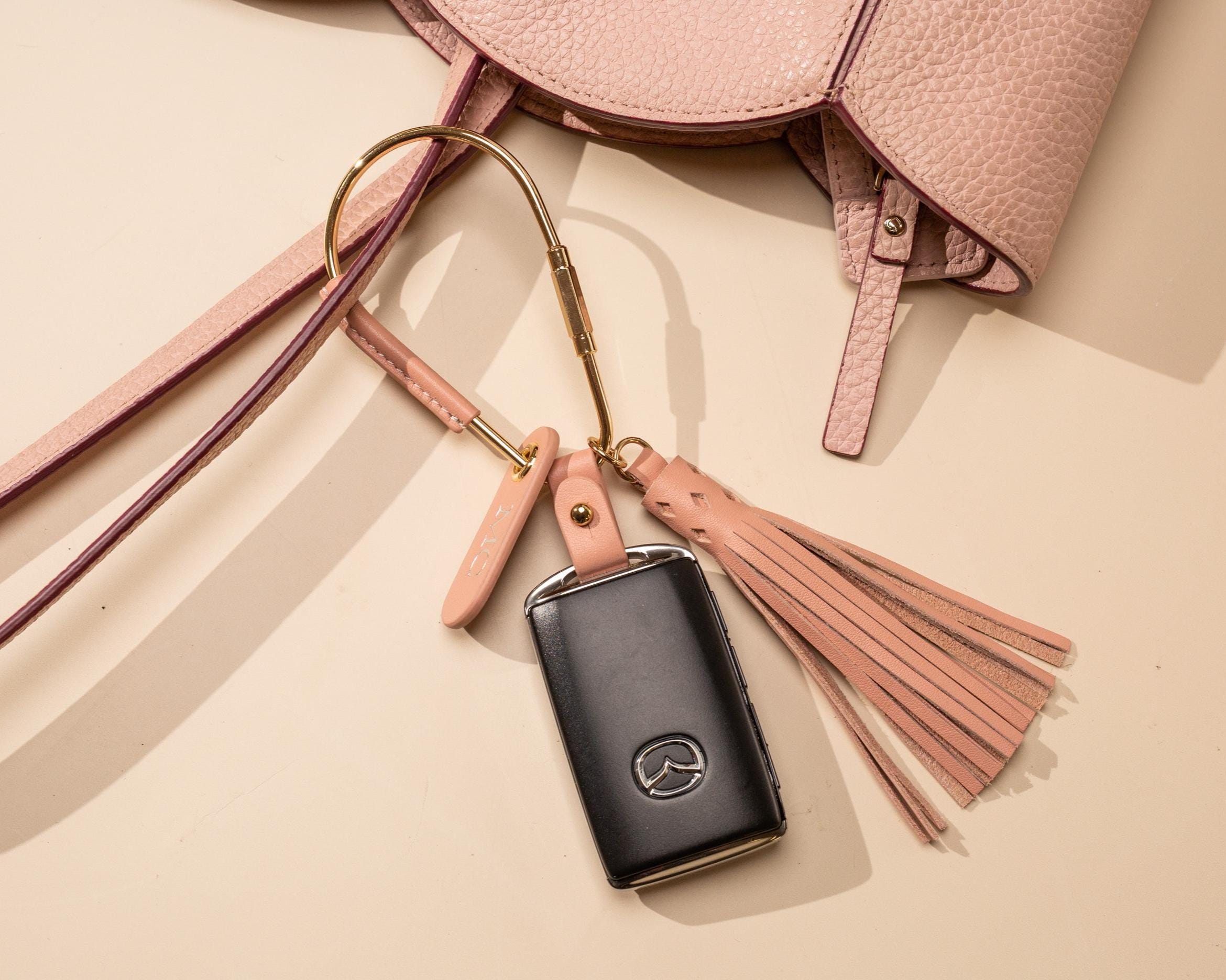 Embossed Mini Tag w/ Carabiner Keychain & Tassel - Personalized Nappa Leather Key Accessory Minimalist Bag Charm Thoughtful Gift for Her