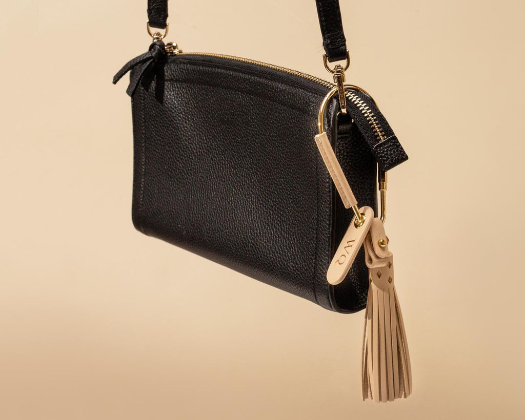 Embossed Mini Tag w/ Carabiner Keychain & Tassel - Personalized Nappa Leather Key Accessory Minimalist Bag Charm Thoughtful Gift for Her