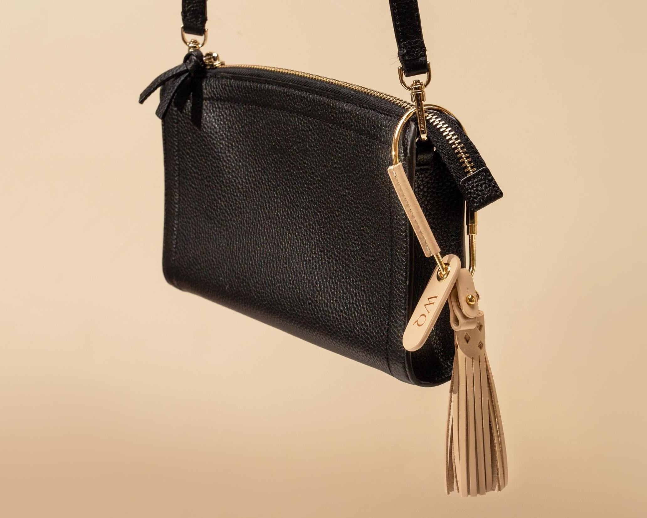 Embossed Mini Tag w/ Carabiner Keychain & Tassel - Personalized Nappa Leather Key Accessory Minimalist Bag Charm Thoughtful Gift for Her