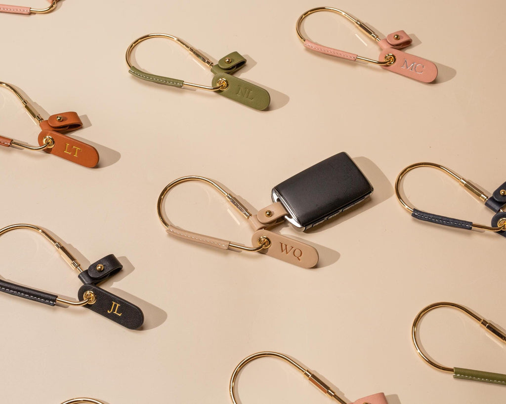 Embossed Mini Tag with Carabiner Keychain - Personalized Accessory, Minimal Nappa Leather Bag Charm, Simple Practical Gift Idea For Her