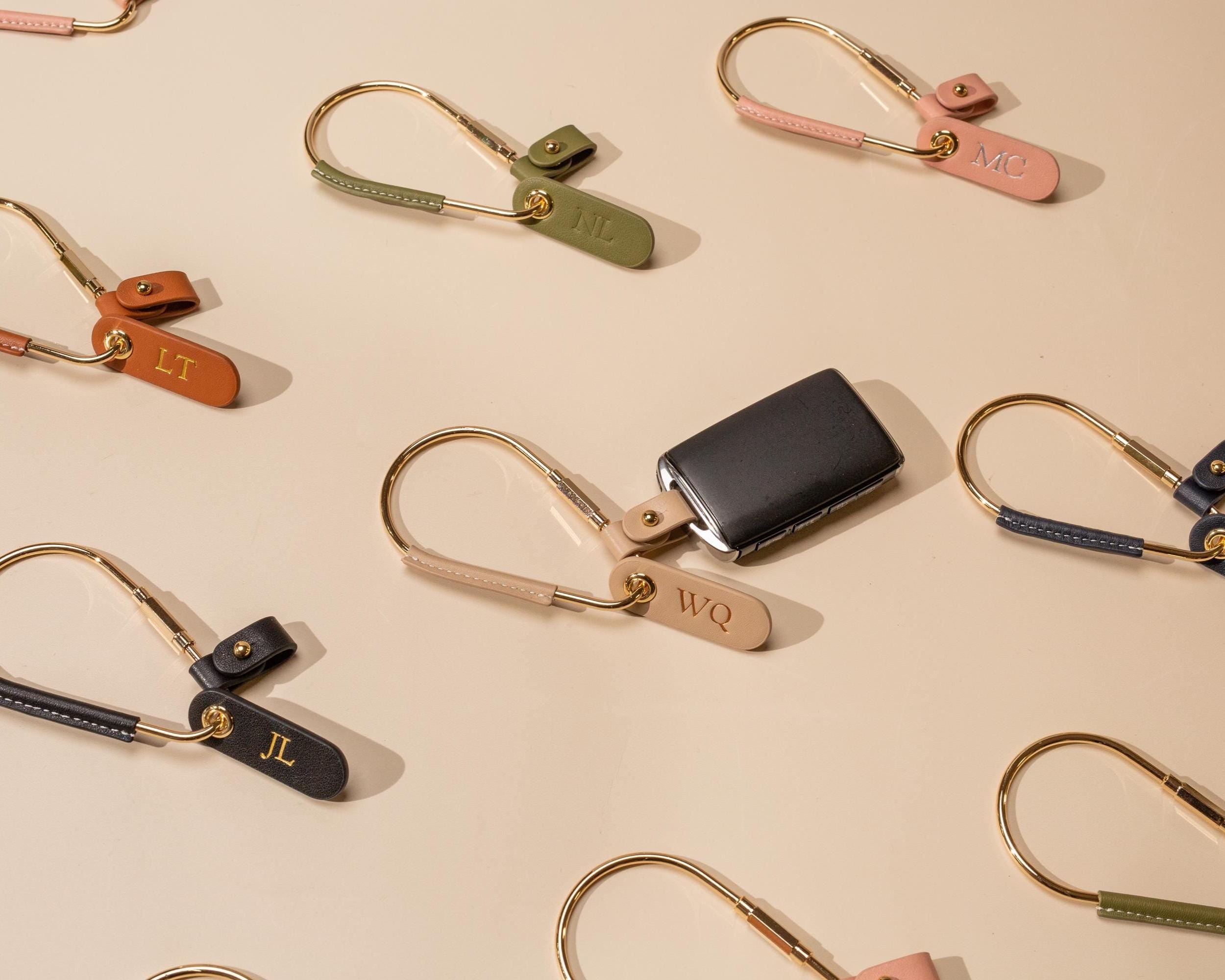 Embossed Mini Tag with Carabiner Keychain - Personalized Accessory, Minimal Nappa Leather Bag Charm, Simple Practical Gift Idea For Her