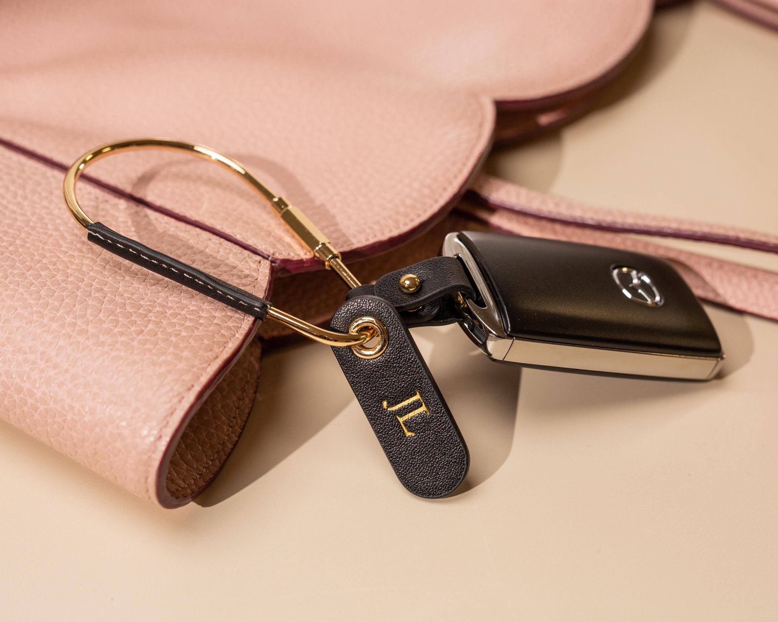 Embossed Mini Tag with Carabiner Keychain - Personalized Accessory, Minimal Nappa Leather Bag Charm, Simple Practical Gift Idea For Her