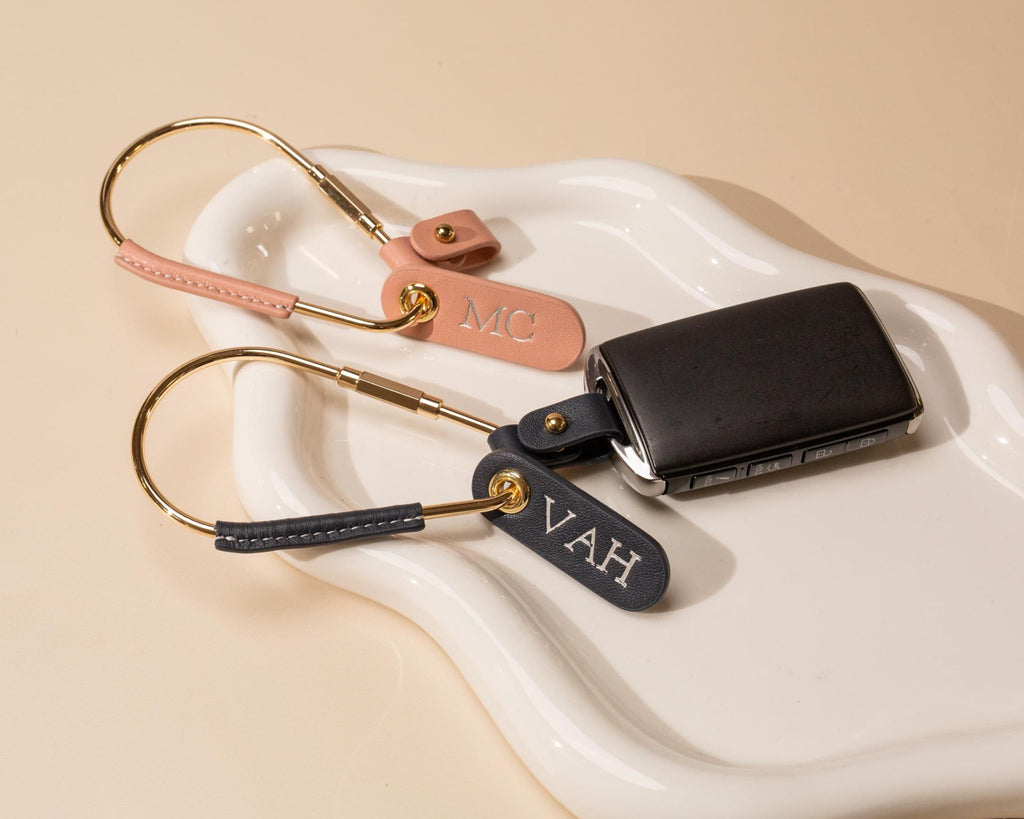 Embossed Mini Tag with Carabiner Keychain - Personalized Accessory, Minimal Nappa Leather Bag Charm, Simple Practical Gift Idea For Her