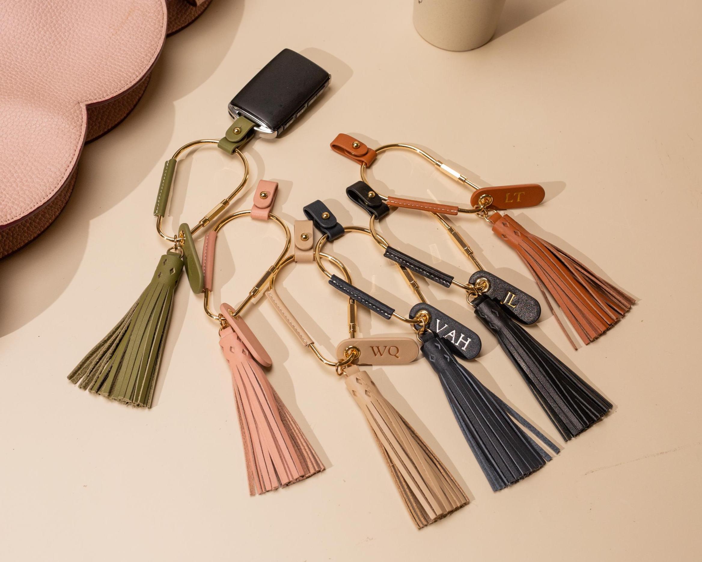 Embossed Mini Tag w/ Carabiner Keychain & Tassel - Personalized Nappa Leather Key Accessory Minimalist Bag Charm Thoughtful Gift for Her