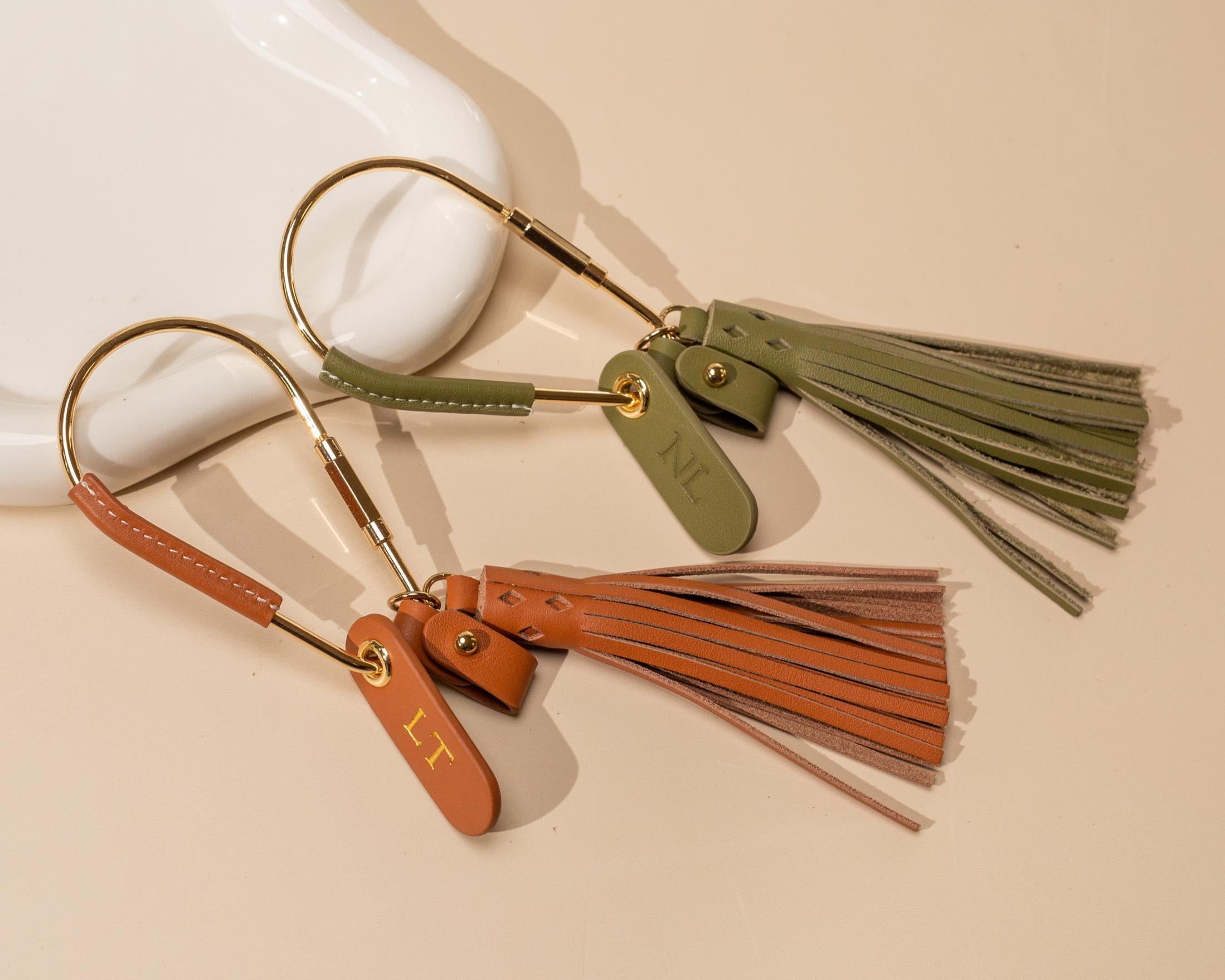 Embossed Mini Tag w/ Carabiner Keychain & Tassel - Personalized Nappa Leather Key Accessory Minimalist Bag Charm Thoughtful Gift for Her