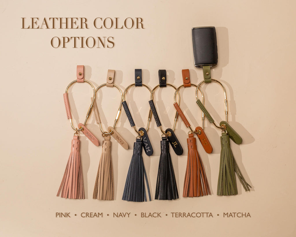 Embossed Mini Tag w/ Carabiner Keychain & Tassel - Personalized Nappa Leather Key Accessory Minimalist Bag Charm Thoughtful Gift for Her