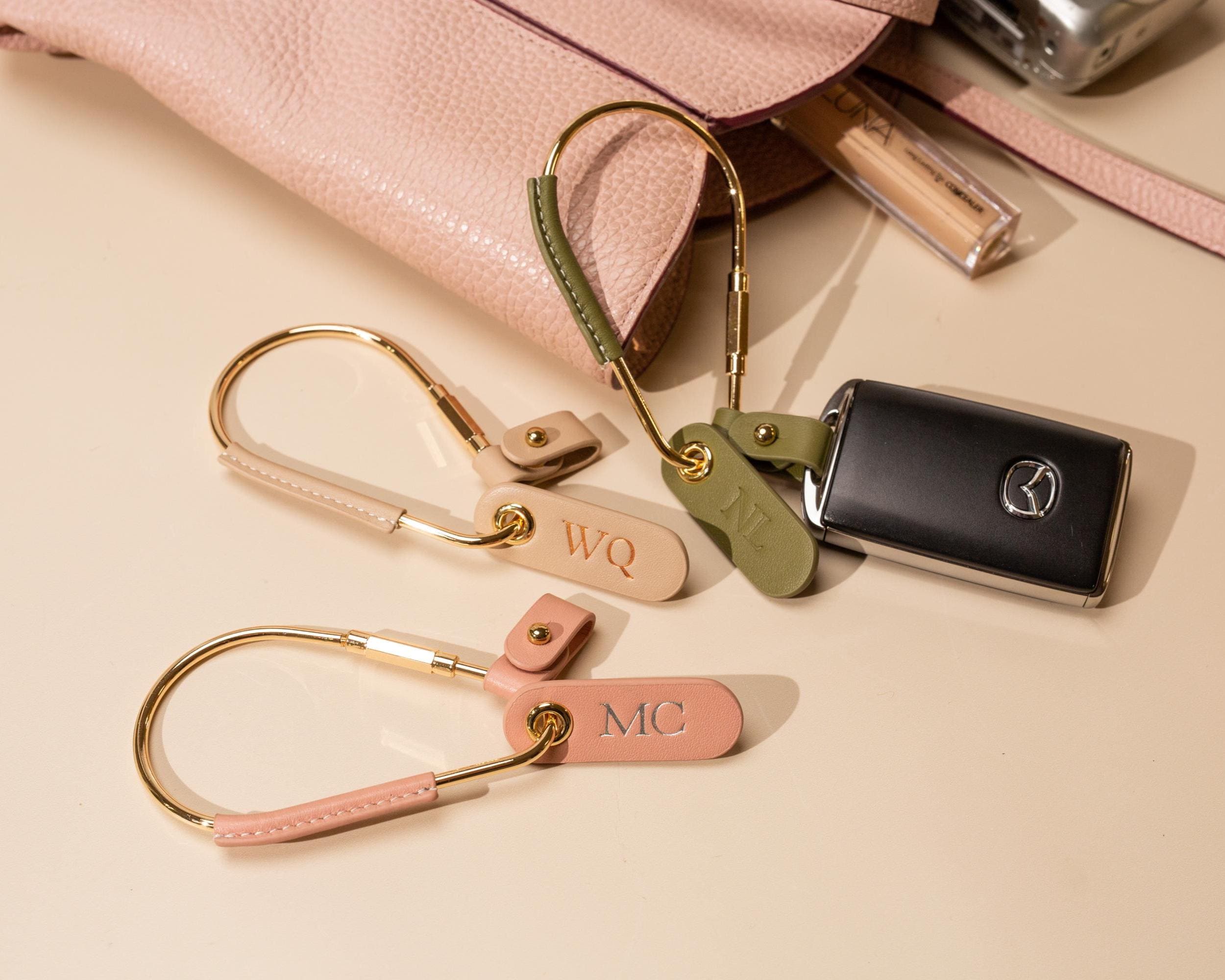 Embossed Mini Tag with Carabiner Keychain - Personalized Accessory, Minimal Nappa Leather Bag Charm, Simple Practical Gift Idea For Her
