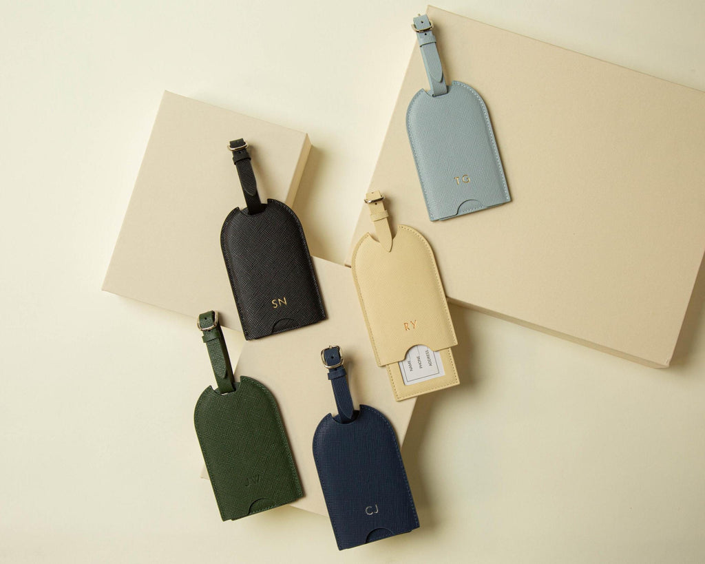 Embossed Saffiano Leather Luggage Tag (Initial) - Personalized Monogram Travel Bag Tag, Wedding Party Gift