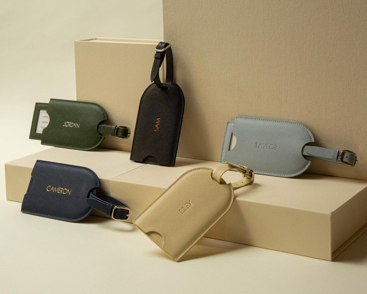 Embossed Saffiano Leather Luggage Tag (Name) - Personalized Suitcase Tag, Travel Accessory Honeymoon Gift