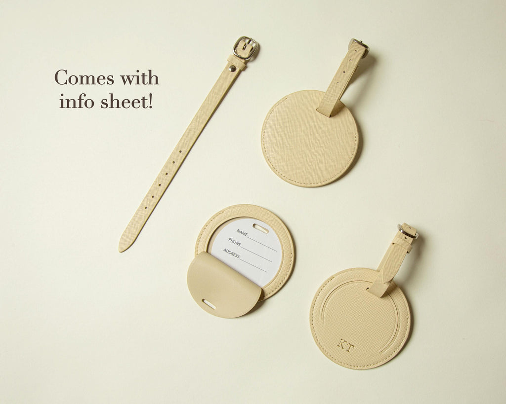 Embossed Saffiano Leather Round Luggage Tag - Personalized Bag Tag w/ Privacy Flap, Custom Monogram Travel Gift