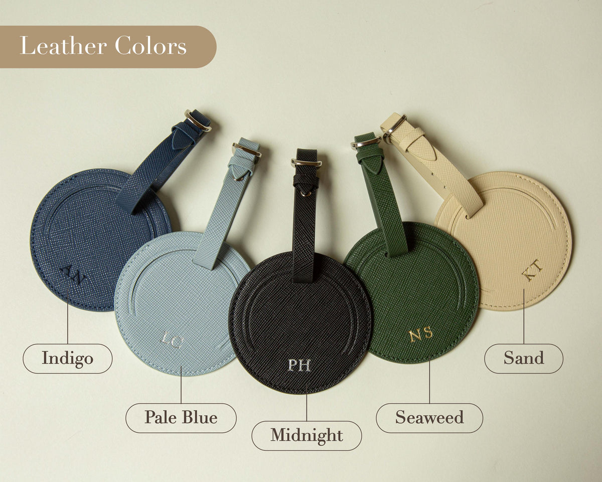 Embossed Saffiano Leather Round Luggage Tag - Personalized Bag Tag w/ Privacy Flap, Custom Monogram Travel Gift