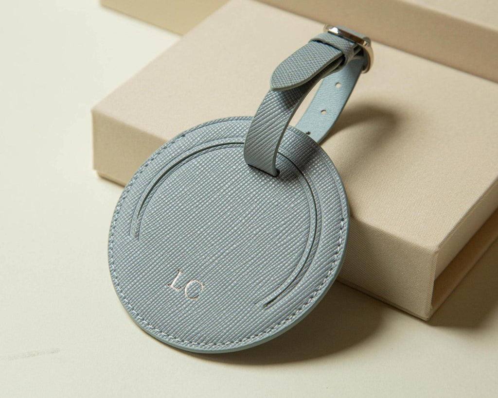 Embossed Saffiano Leather Round Luggage Tag - Personalized Bag Tag w/ Privacy Flap, Custom Monogram Travel Gift