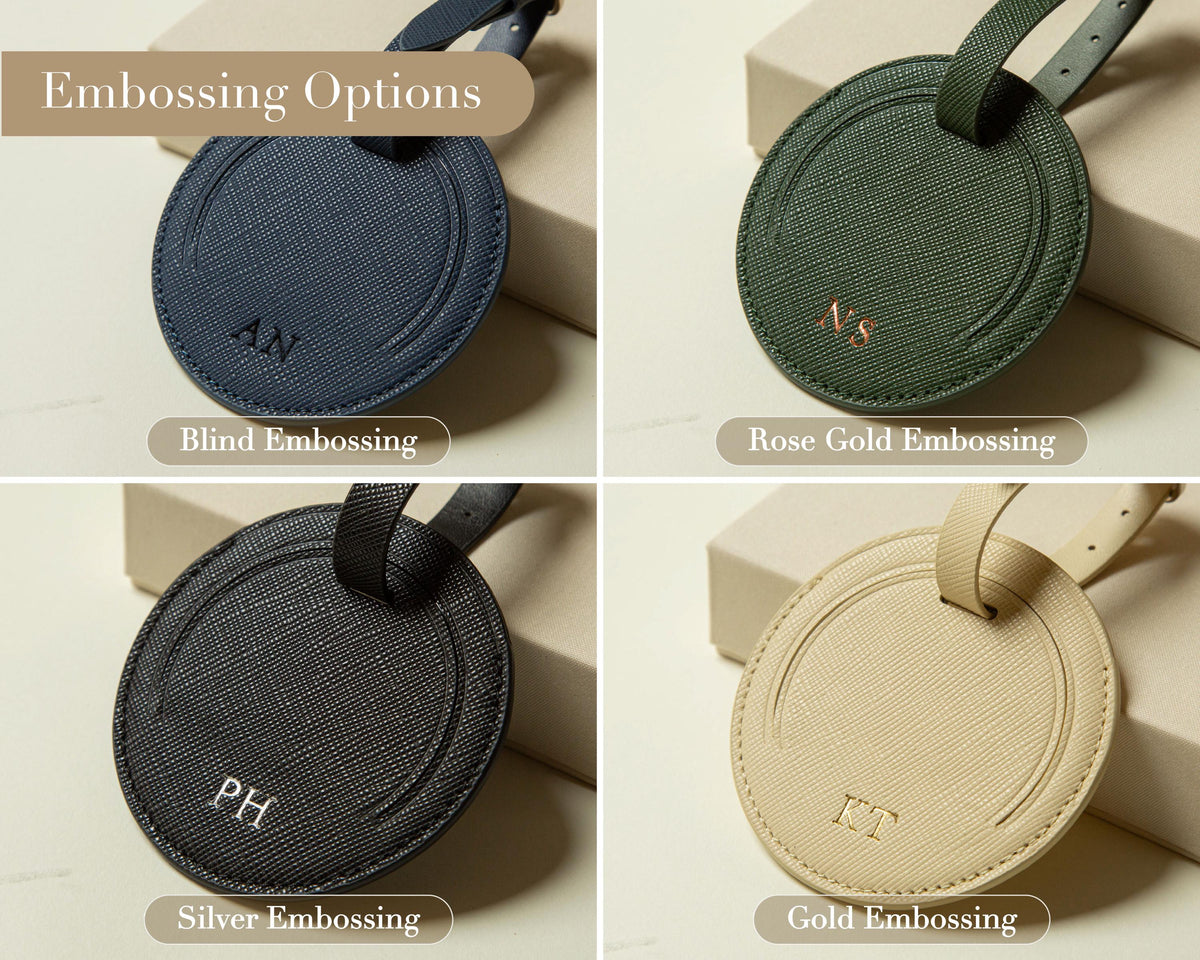 Embossed Saffiano Leather Round Luggage Tag - Personalized Bag Tag w/ Privacy Flap, Custom Monogram Travel Gift