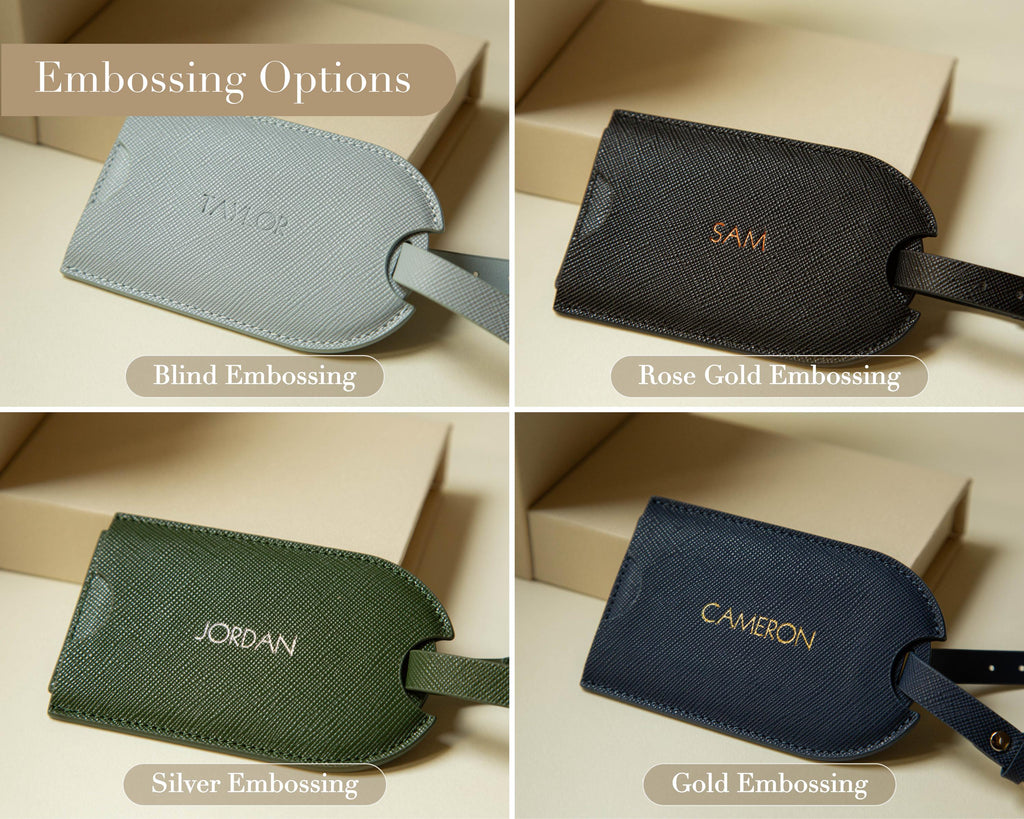 Embossed Saffiano Leather Luggage Tag (Name) - Personalized Suitcase Tag, Travel Accessory Honeymoon Gift