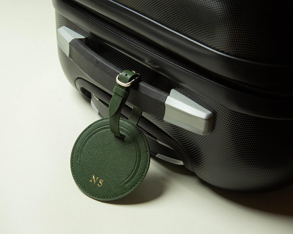 Embossed Saffiano Leather Round Luggage Tag - Personalized Bag Tag w/ Privacy Flap, Custom Monogram Travel Gift