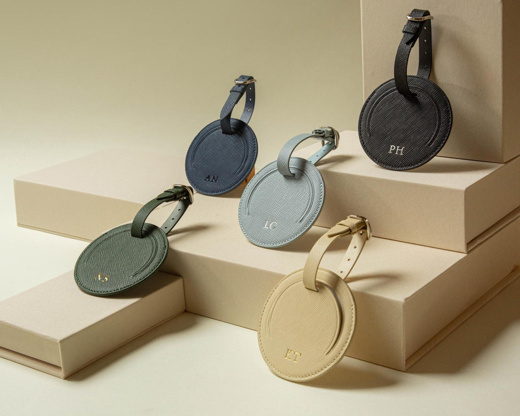 Embossed Saffiano Leather Round Luggage Tag - Personalized Bag Tag w/ Privacy Flap, Custom Monogram Travel Gift