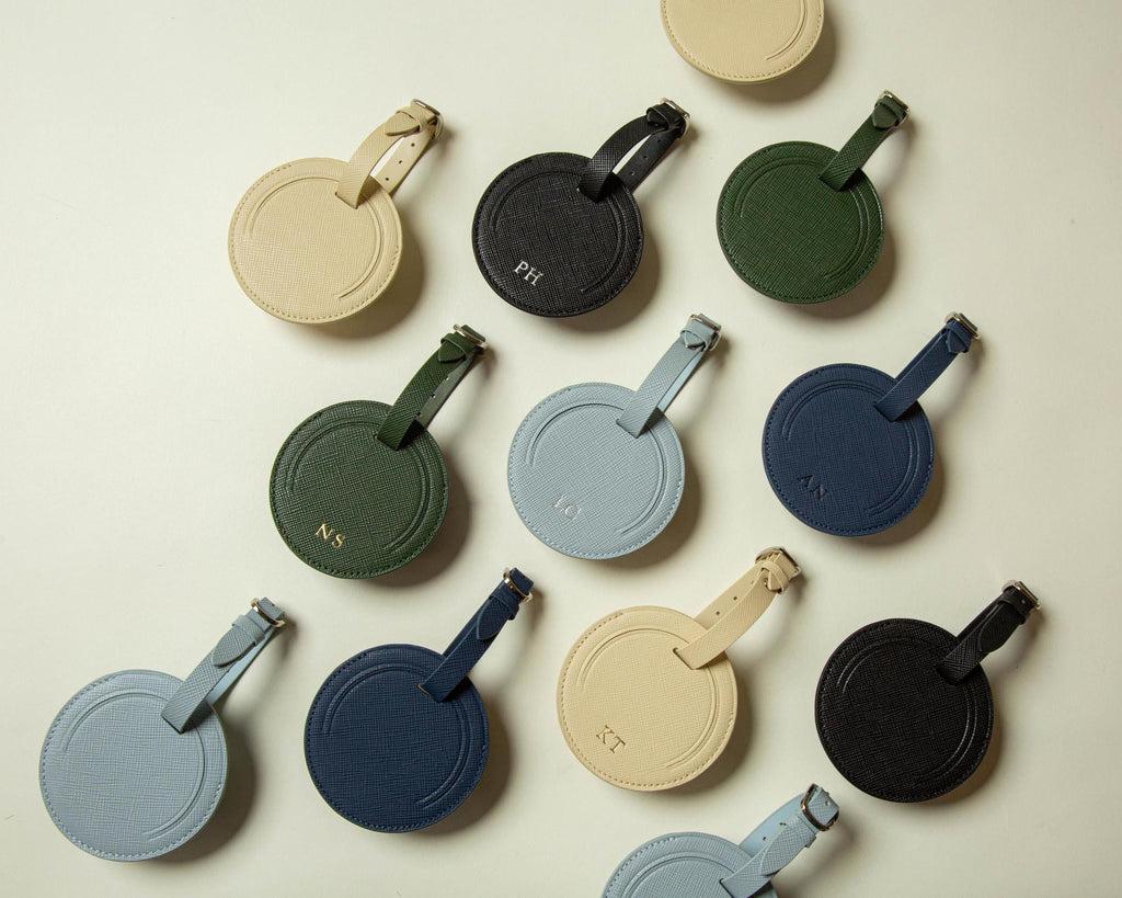 Embossed Saffiano Leather Round Luggage Tag - Personalized Bag Tag w/ Privacy Flap, Custom Monogram Travel Gift