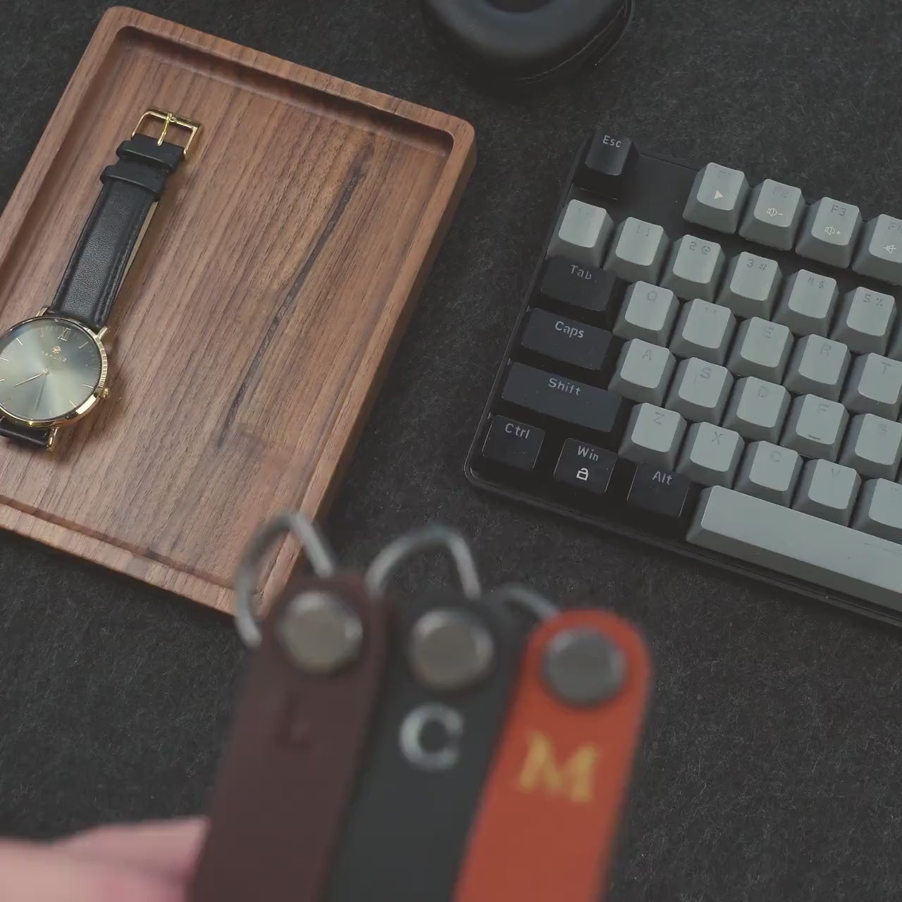 Embossed Leather Strap Key Chains (Initial) - Customized Leather Orbit Key Ring Holder for Men, Personalized Office Promotional Teacher Gift