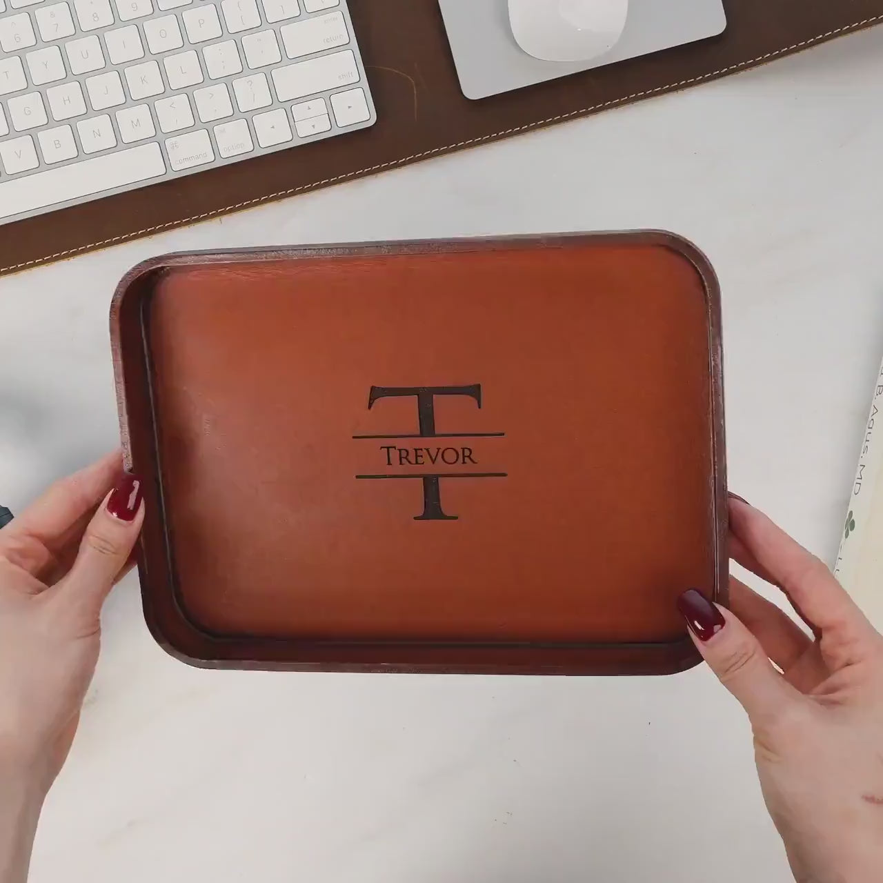 Vegetable tanned hard leather valet (design 1) - 3 year anniversary custom husband wife couple gifts for him catchall storage for desk