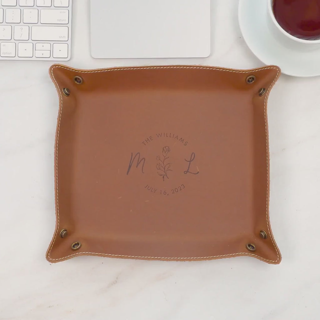 Engraved anniversary leather valet tray - desk side table key or ring tray catchall, wedding or engagement gift for couples, message gift
