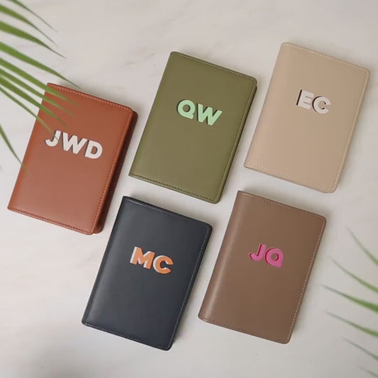 Personalized leather passport cover - custom monogram name travel wallet, 3rd leather anniversary gift husband wife, bff, bride bachelorette