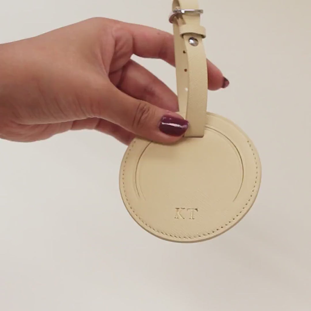 Embossed Saffiano Leather Round Luggage Tag - Personalized Bag Tag w/ Privacy Flap, Custom Monogram Travel Gift