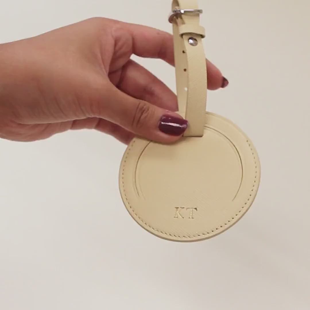 Embossed Saffiano Leather Round Luggage Tag - Personalized Bag Tag w/ Privacy Flap, Custom Monogram Travel Gift