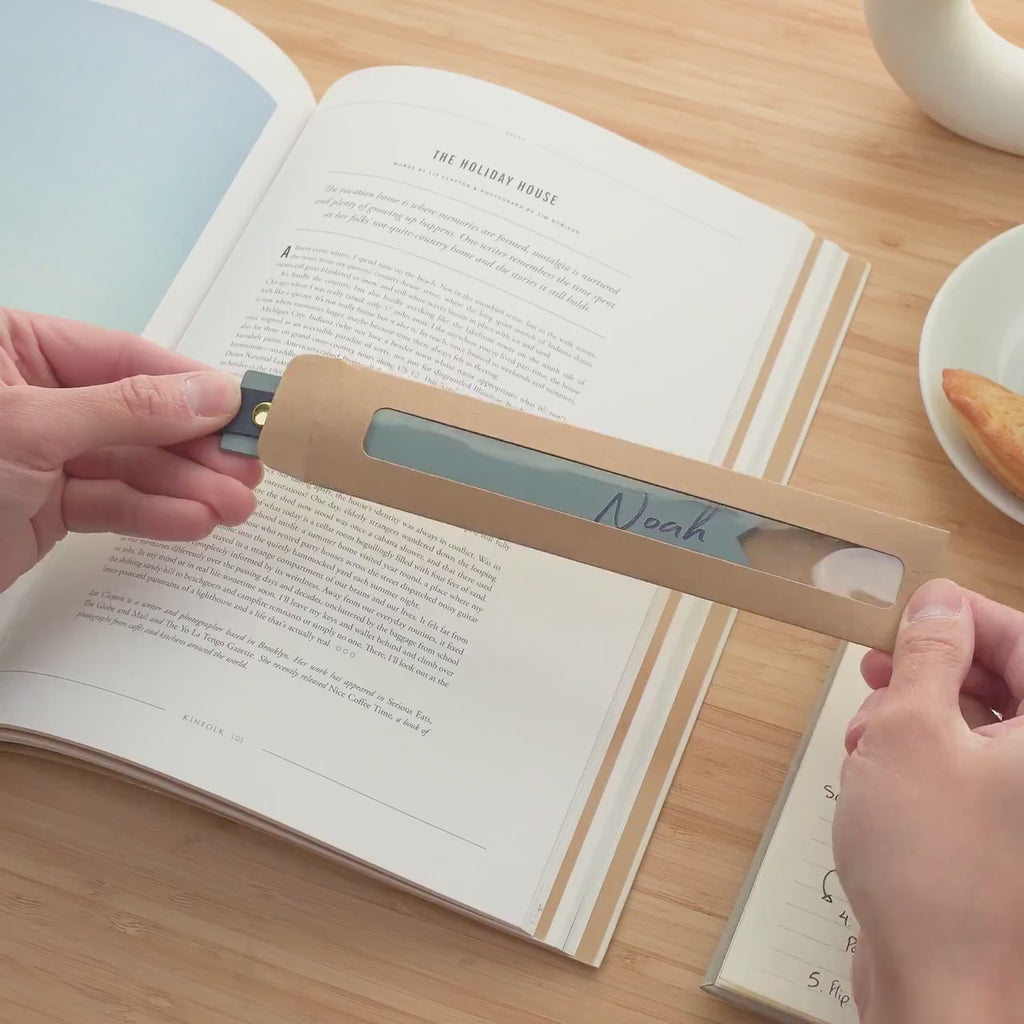 Personalized leather bookmark w/ loop (design 3) - custom reading accessory with name printed in curisve font, 3rd anniversary gift for her