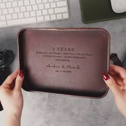 Vegetable tanned hard leather valet (design 4) - custom engraved tray, personalized leather gift, 3 year anniversary boyfriend husband dad