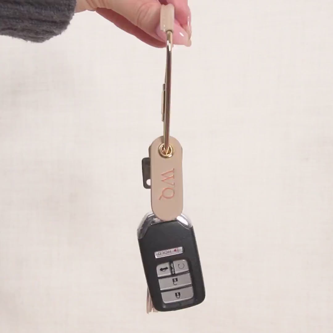 Embossed Mini Tag w/ Carabiner Keychain & Tassel - Personalized Nappa Leather Key Accessory Minimalist Bag Charm Thoughtful Gift for Her