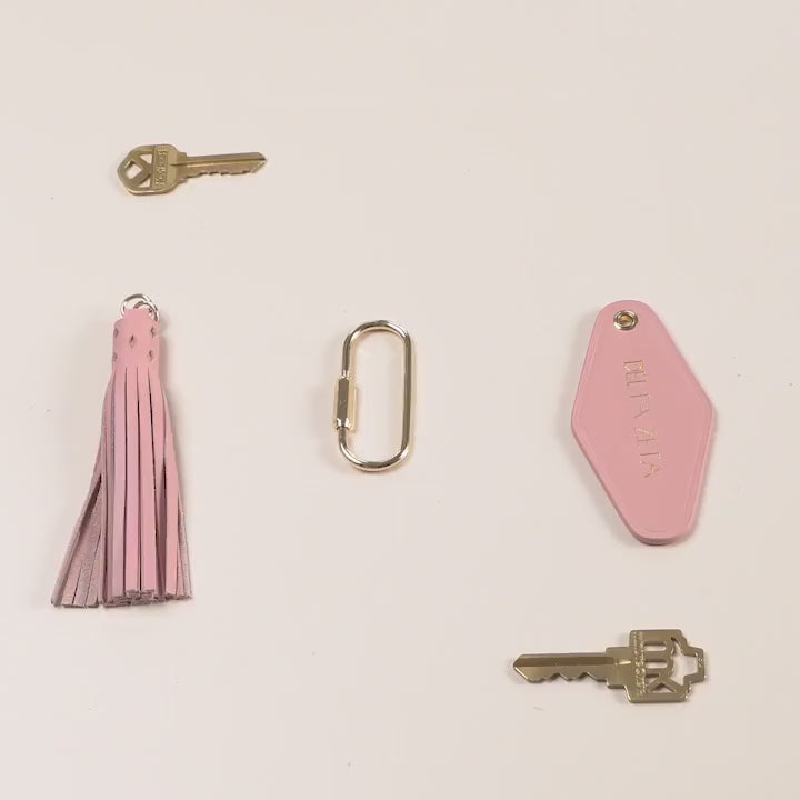 Embossed XS Name Diamond Leather Keychain w/ Tassel - modern key chain fob, longer names text, vintage style hotel motel office keys ring
