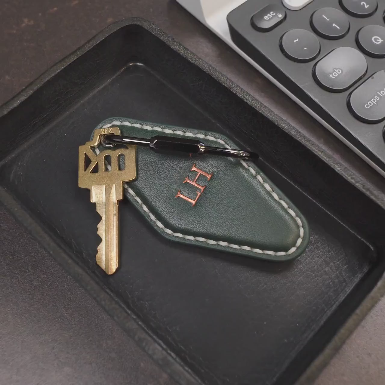 Embossed Diamond Leather Keychains (Small Initials) - Minimalist Leather Key Ring Organizer, Bag Tag, Custom Gift for Husband Dad Boyfriend