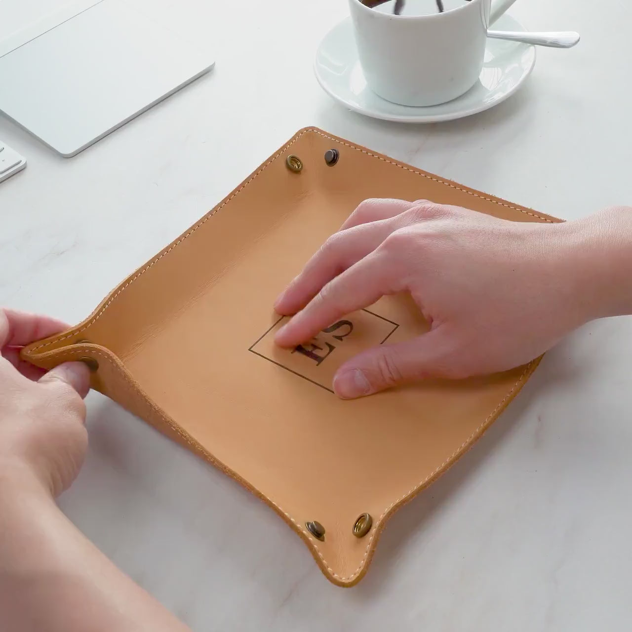 Engraved leather valet tray - engrave your kids drawing or message, personalized catchall ring key tray, office desk, 3rd anniversary gift